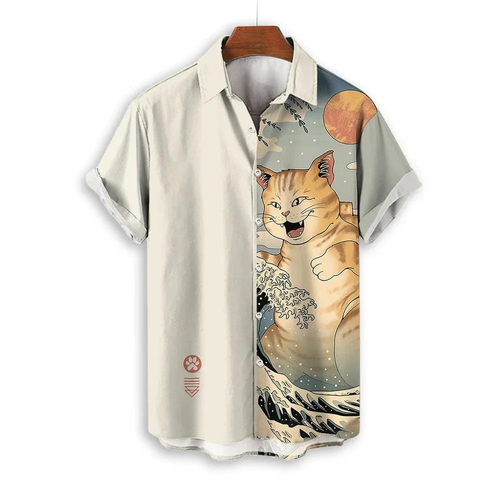 Camicia Samurai Cat — Shirt Stampata Stile Giapponese Manica Corta