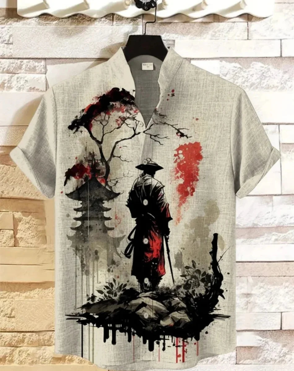Camicia Hawaiana Samurai — Stampa Ukiyo-e Giapponese Manica Corta Uomo