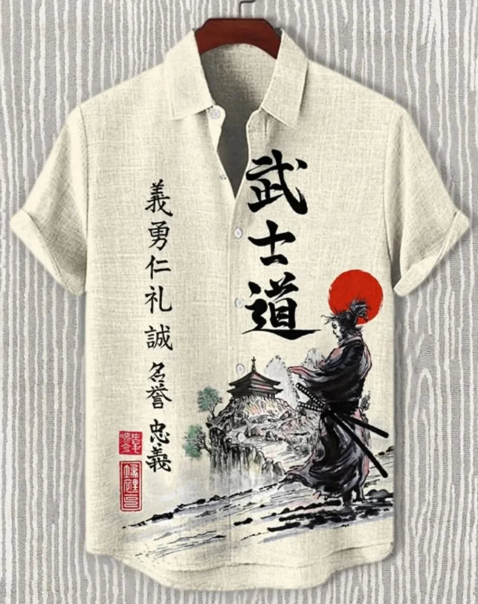 Camicia Hawaiana Samurai — Stampa Ukiyo-e Giapponese Manica Corta Uomo
