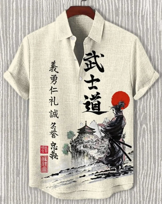 Camisa Hawaiana Samurai — Estampado Ukiyo-e Japonés Manga Corta Hombre