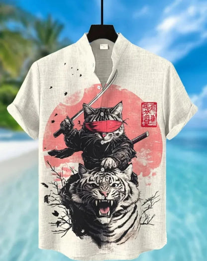 Camicia Hawaiana Samurai — Stampa Ukiyo-e Giapponese Manica Corta Uomo