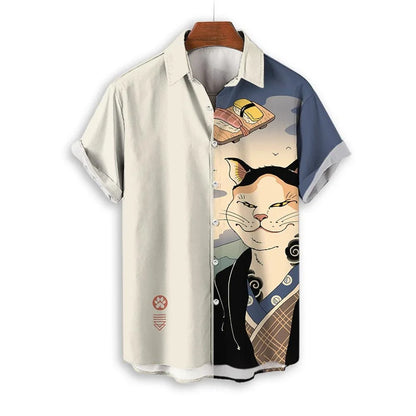 Camicia Samurai Cat — Shirt Stampata Stile Giapponese Manica Corta