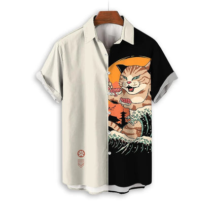 Camicia Samurai Cat — Shirt Stampata Stile Giapponese Manica Corta