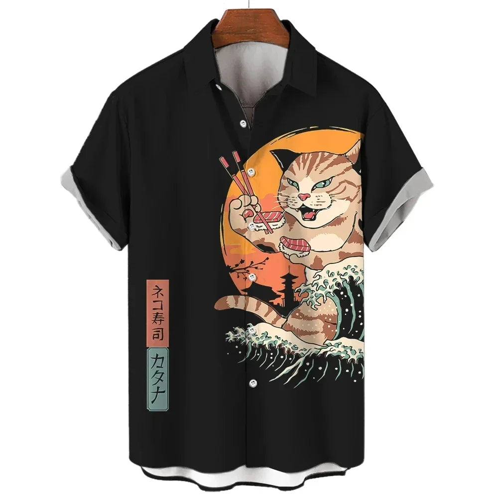 Camicia Samurai Cat — Shirt Stampata Stile Giapponese Manica Corta