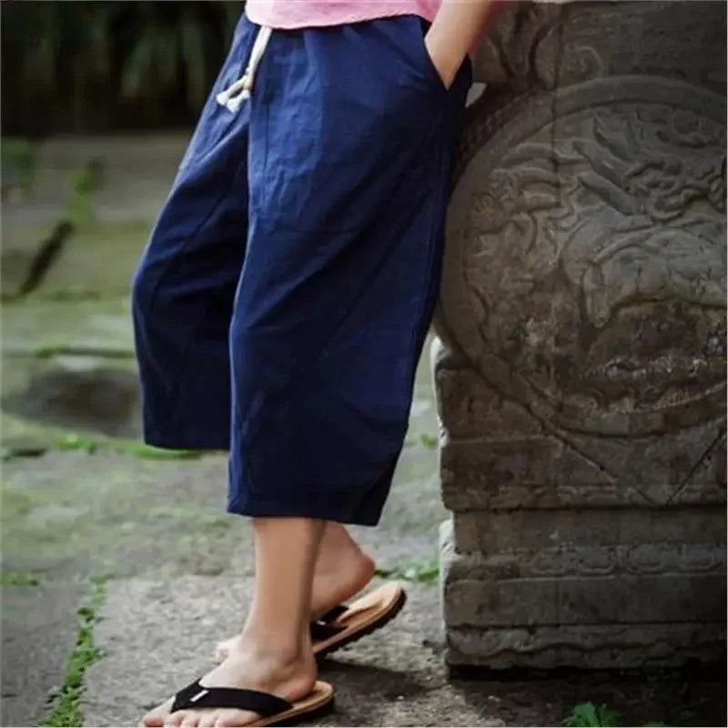 Pantaloni Lino Estivi Wide Leg — Taglio 7/8 Comodo e Traspirante Uomo