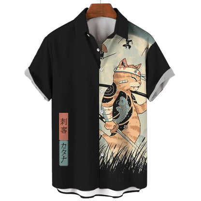 Camicia Samurai Cat — Shirt Stampata Stile Giapponese Manica Corta