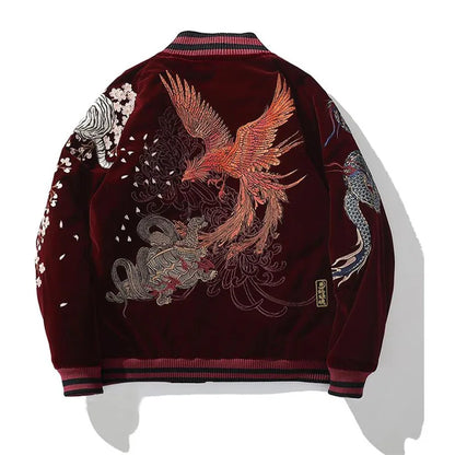 Botan Suzaku – Chaqueta Varsity Japonesa Bordada con Dragones y Fénix