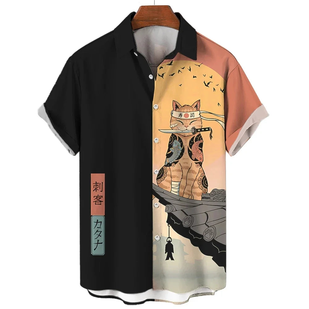 Camicia Samurai Cat — Shirt Stampata Stile Giapponese Manica Corta