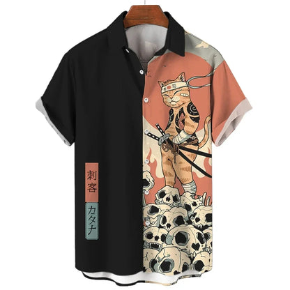 Camicia Samurai Cat — Shirt Stampata Stile Giapponese Manica Corta