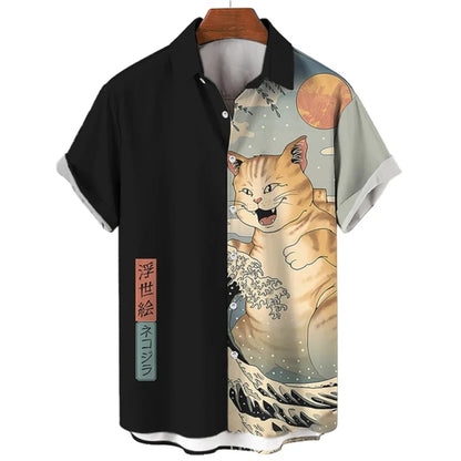 Camicia Samurai Cat — Shirt Stampata Stile Giapponese Manica Corta