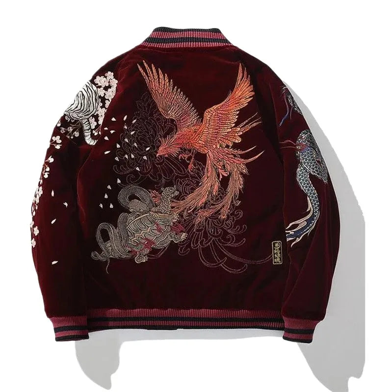 Botan Suzaku – Chaqueta Varsity Japonesa Bordada con Dragones y Fénix