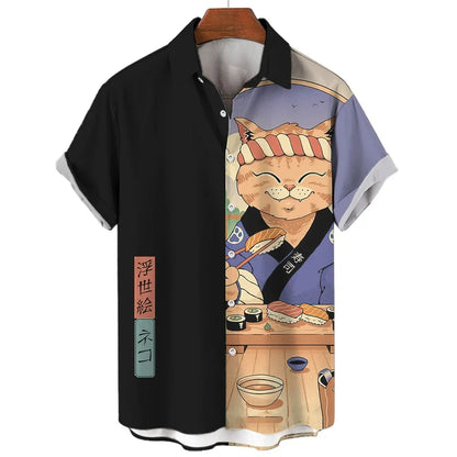 Camicia Samurai Cat — Shirt Stampata Stile Giapponese Manica Corta