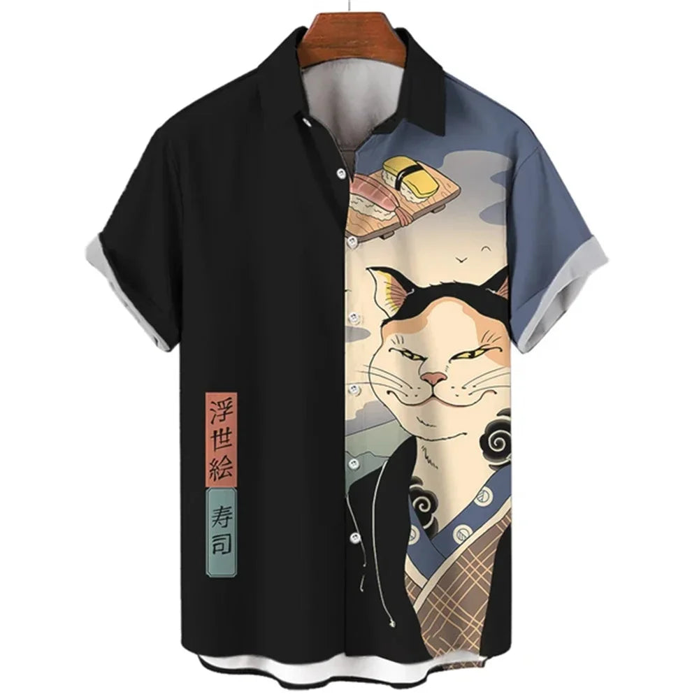 Camicia Samurai Cat — Shirt Stampata Stile Giapponese Manica Corta
