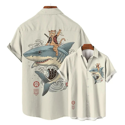 Camicia Samurai Cat — Shirt Stampata Stile Giapponese Manica Corta