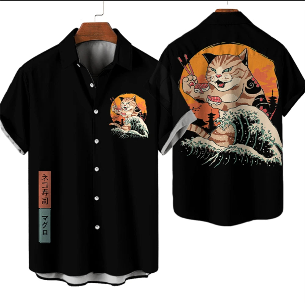 Camicia Samurai Cat — Shirt Stampata Stile Giapponese Manica Corta