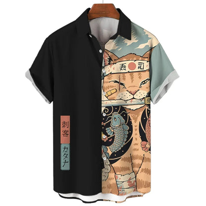 Camicia Samurai Cat — Shirt Stampata Stile Giapponese Manica Corta
