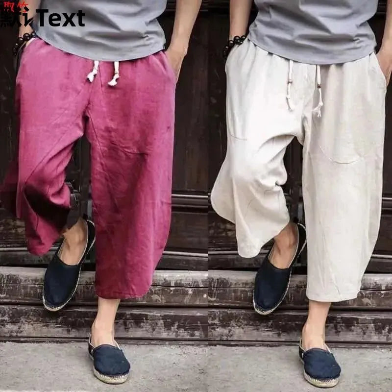 Pantaloni Lino Estivi Wide Leg — Taglio 7/8 Comodo e Traspirante Uomo