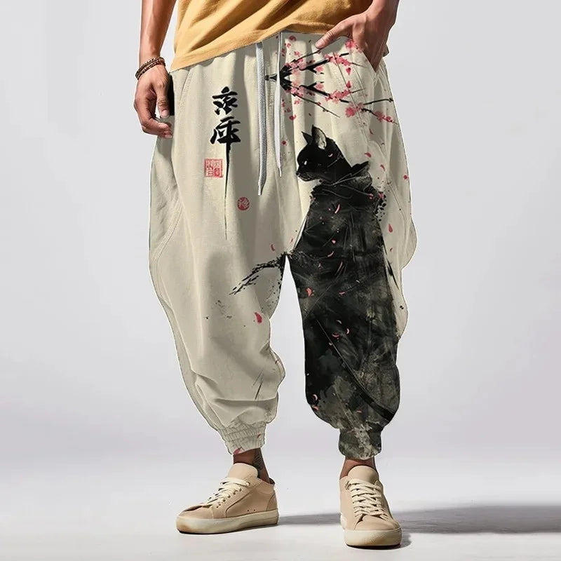 Pantaloni Harem Vintage Giapponese — Stampa Cat Ink Art, Taglio Loose
