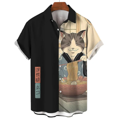 Camicia Samurai Cat — Shirt Stampata Stile Giapponese Manica Corta